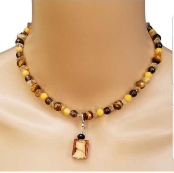 CAROLYN POLLACK DESIGNER FACETED TIGERS EYE, CITRINE, & STERLING SILVER NECKLACE - Picture 1 of 6